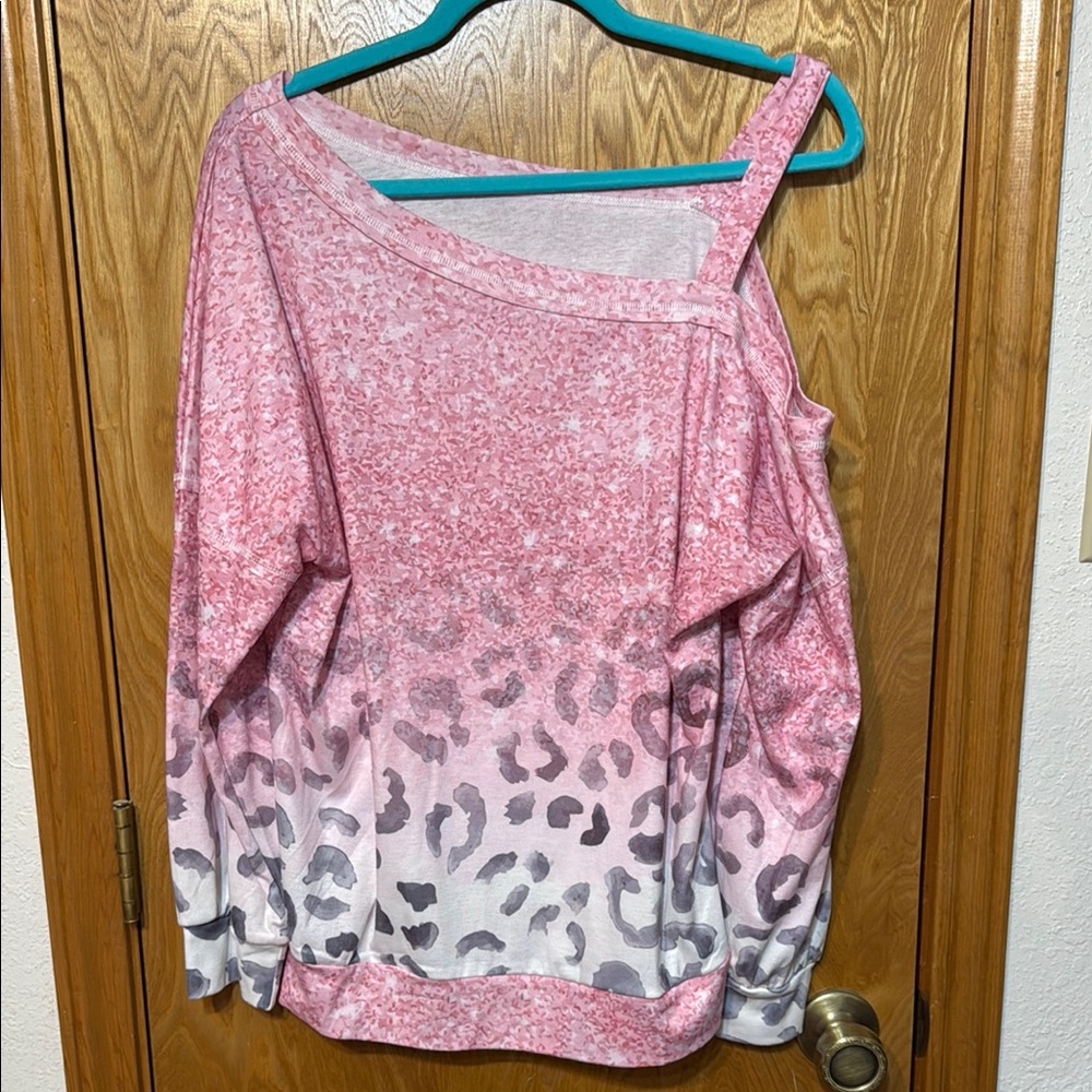 Pink and Gray Leopard Print Off-Shoulder Top